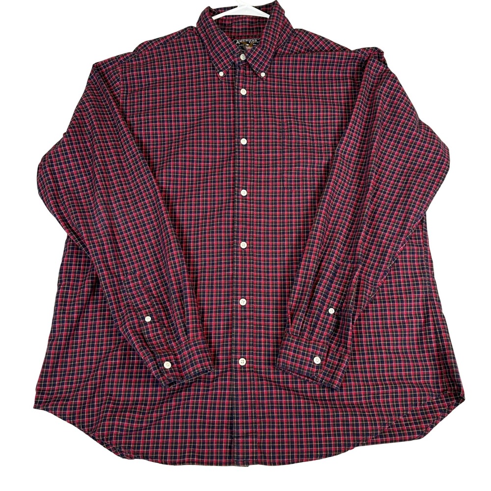 American Living Mens XXL Red Navy Plaid Cotton Button Down Shirt Long Sleeve 2XL